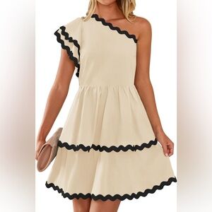 Zesica Cream Black One Shoulder Ruffle Tiered Layered Swing Dress Size Small